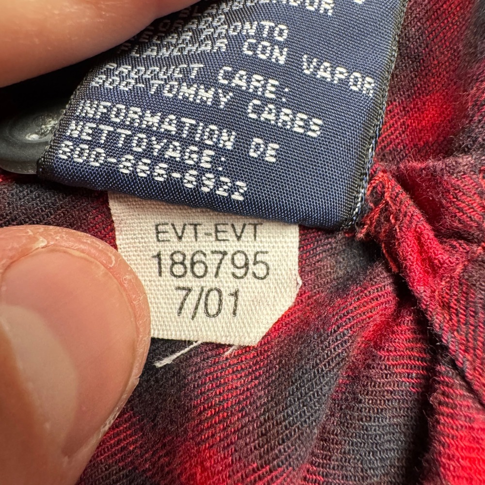 VTG Y2K Tommy Jeans Mens Red‎ Black Plaid Flannel Shirt Large 186795 7/01 Cotton - Picture 7 of 10